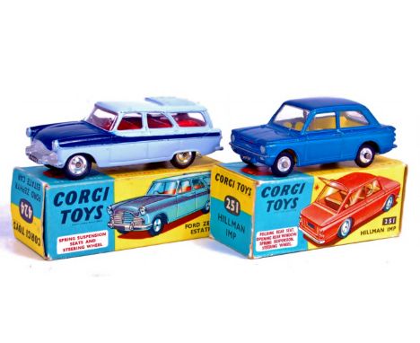 Corgi Toys Boxed Diecast Group, 2 examples to include No.251 Hillman Imp, dark metallic blue body with yellow interior and sp