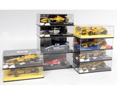 Minichamps 1/43rd scale Formula 1 Racing Car Group, 10 plastic cased examples, teams include Jordan Peugeot, Jordan Honda, Fi