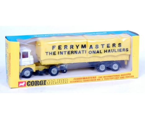 Corgi Toys, 1147 Ferrymasters Scammell truck, yellow and white tractor unit with yellow canopied trailer, 2 yellow canopies w
