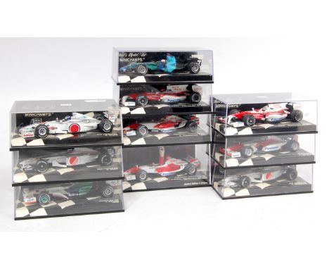 Minichamps 1/43rd scale Formula 1 racing car group, to include Honda, BAR Honda and Panasonic Toyota Racing, 10 examples in t