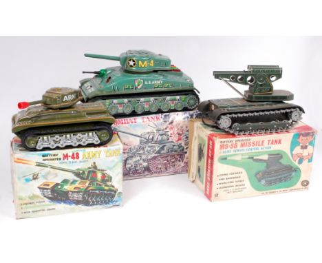Japanese Tinplate Military Tank group to include TAIYO Japan, M-4 combat tank, mainly tinplate battery operated combat tank, 