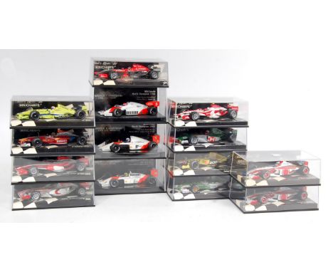 Minichamps 1/43rd scale Formula 1 Racing Car Group, 14 mixed boxed examples, various teams to include Jordan Honda, BAR 01 Su