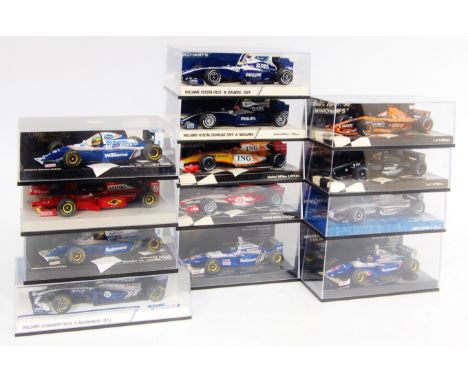 Minichamps 1/43rd scale Formula 1 Racing Car group, 13 boxed examples, to include Williams, Renault, Super Aguri, Orange Arro