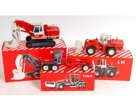 NZG 1/50th scale O and K diecast construction vehicle group, 3 boxed examples to include No.332 F156A Grader (VG-NM-BVG), No.