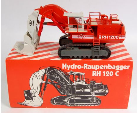 Conrad No.2771 1/50th scale diecast model of a O&K RH 120C Hydraulic Excavator, dark red, light grey, grey chassis with black