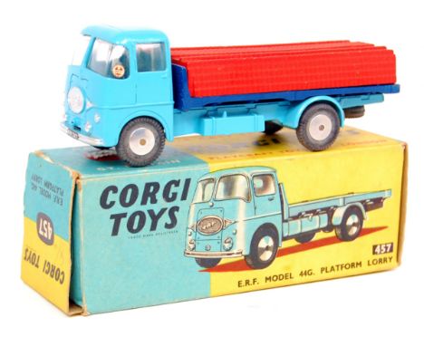 Corgi Toys, 457 ERF 44G platform lorry, light blue cab and chassis with dark blue back, flat spun hubs with red brick load, i
