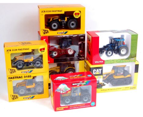 Britains, Norscot and Universal Hobbies 1/3nd scale tractor group, to include CAT, JCB, Challenger and Valtra examples, 8 mod