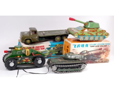 Collection of 4 Military Tinplate vehicles to include Modern Toys of Japan M-40 Tank, loose example (G) Marx Toys of USA tinp