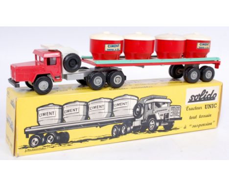 Solido No.301 Unic Cement Tractor and Trailer, red and white cab and trailer with light green fittings to trailer, 4x red and