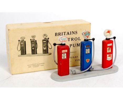 Britains Petrol Pumps, Set No.102V comprising of Fina, Mobilgas and Esso mounted on a Grey Base, some minor play wear, in the