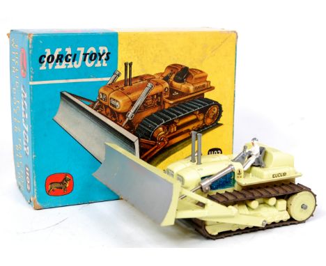 Corgi Toys, 1102, Euclid TC-12 tractor with dozer blade, pale lime green body, blue engine and black tracks, some playwear to
