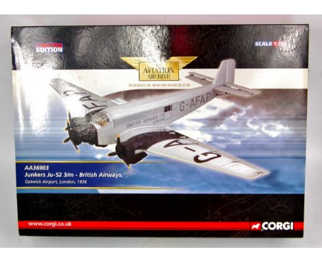 Corgi Aviation Archive, 1/72nd scale, AA36903 Junkers JU-52 3/m British Airways, appears as issued in the original polystyren