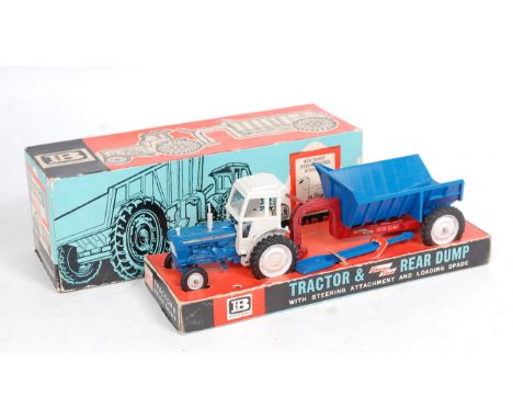 Britains No.9630 Fordson Tractor with Shawnee Poole Rear Dump Trailer, blue tractor with light grey canopy, with pale grey pl