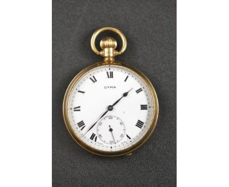 A Cyma gent's pocket watch, stem wind, white enamel dial, subsidiary seconds dial, plain 9ct gold case - approx gross weight 