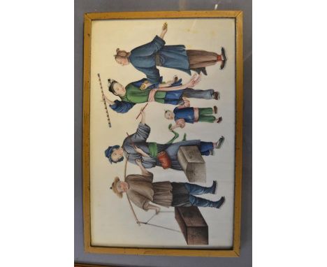 A pair of Chinese paintings depicting warriors and figures with fireworks and lanterns - 18x29cm, together with a painting of