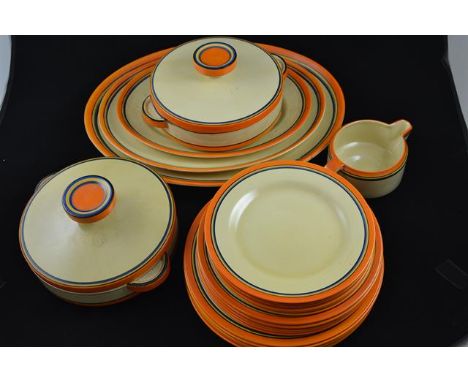 A Clarice Cliff Bizarre orange banded dinner service comprising set of three oval platters - largest 42cm, two covered vegeta