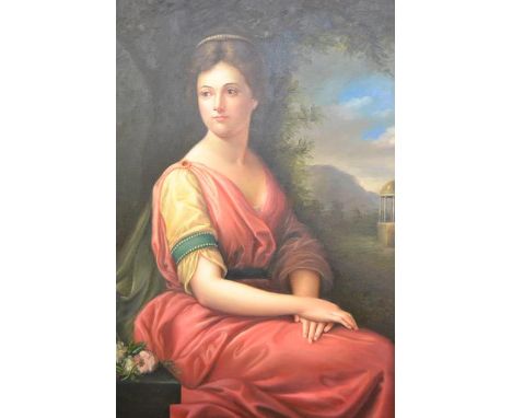 20th century school - Georgian style portrait of seated lady in idyllic garden setting - 75x60cm oil on canvas, unsigned, in 