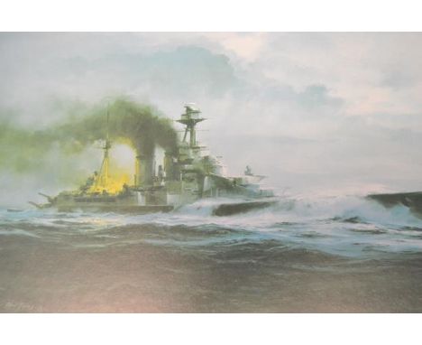 After Robert Taylor - The Last Moments of HMS Hood - 18x47cm coloured print, signed by Ted Biggs MBE R.N. (Ret.) - one of the