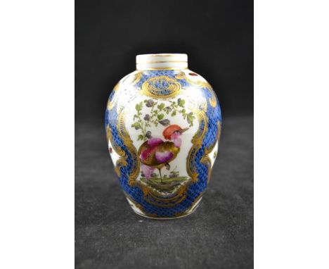 An 18th century Worcester scale blue vase with exotic birds and insects in gilt reserves, fret mark to base - H11.5cm