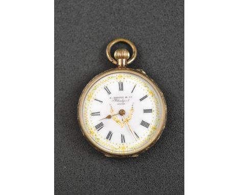 A Swiss 9ct gold ladies fob watch with engraved case, gilt enamel dial inscribed S Shiers & Co, Blackpool, stem wind, cylinde