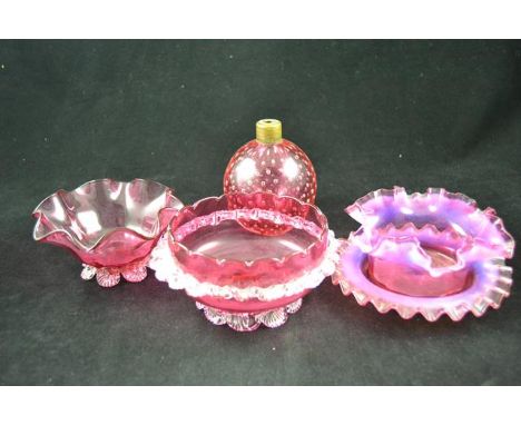 A cranberry glass spherical table lamp base with bubble decoration - H11cm, vaseline glass bowl and saucer with crimped decor