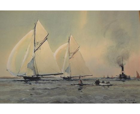 Martyn Mackrill - Meteor II winning her maiden race against Britannia, Thames 1896 - 22x33cm limited edition print, framed an