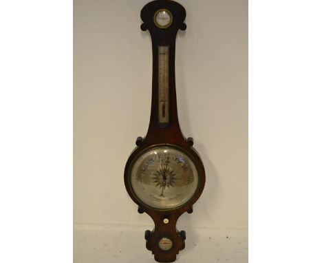 An early 19th century rosewood banjo shaped barometer, 25cm silvered dial - H100cm