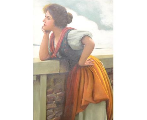 20th century school - Cornish school style portrait of lady waiting for return of fishing boat - 62x32cm oil on canvas, unsig