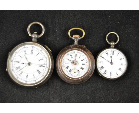 A late 19th/early 20th century key wound pocket watch with enamel dial, together with two pocket watches with plated cases
