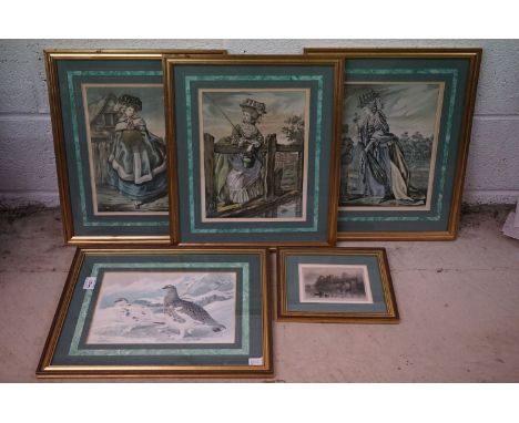 Three fashion prints, in malachite borders, a print of a pair of ptarmigans &amp; a topographical print of Pembroke Castle, a
