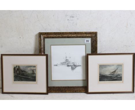 Martyn R Mackrill (b. 1962) a framed naval print ' The Invasion Fleet ' together with a pair of Charles Napier Hemy Cornish m