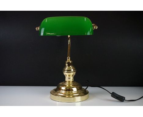 Edwardian style Bankers Lamp with green glass shade, 38cm high 