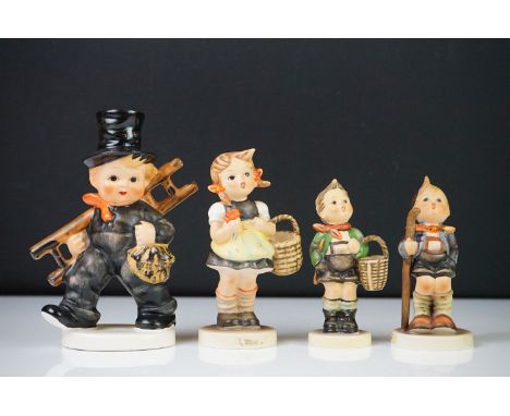 Four Goebel Hummel Figures including Chimney Sweep, 14cm high, Village Boy, Little Hiker and Sister 