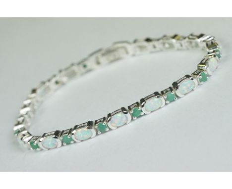 Silver, opal &amp; emerald line bracelet 