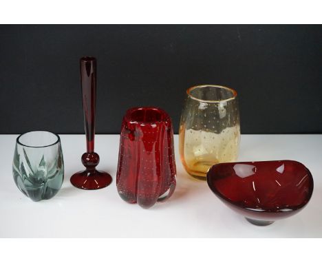Whitefriars - Five items of glass including Ruby Bubble Control Lobed Vase, 13cm high, Amber Bubble Control Vase, 14cm high, 