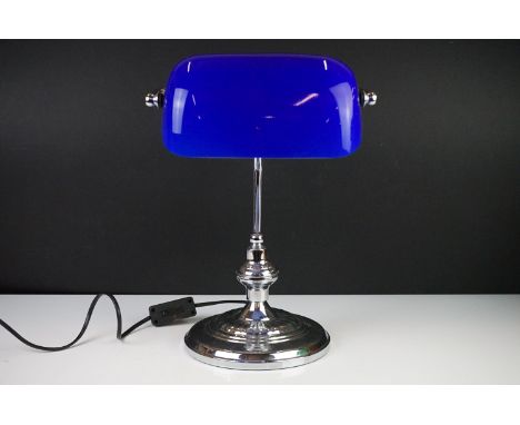 Bankers style Desk Lamp with Blue Glass Shade, 38cm high 