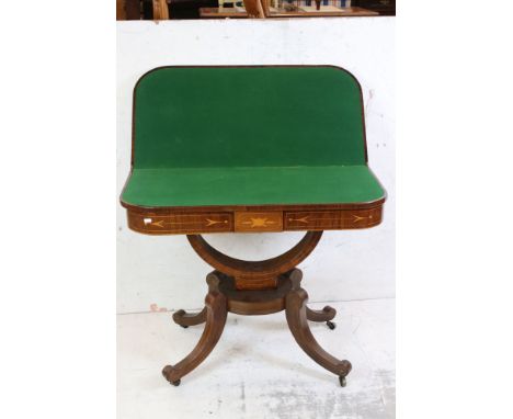 Regency Rosewood Inlaid Fold-over Card Table with green baize playing surface, raised on a curved support and a platform base