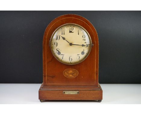Early 20th century Mahogany Inlaid Domed Top Mantle Clock, 8 day, the dial with Arabic numerals, presentation plaque dated 19