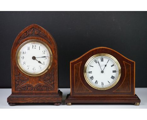 Edwardian Mahogany Inlaid Domed Top Mantle Clock with brass ball feet, the white enamel face with Roman numerals and marked D