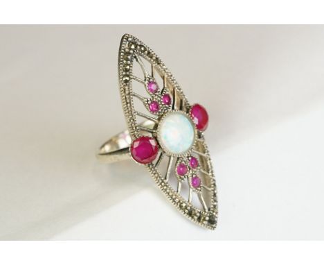 Silver Art Nouveau style ring set with marcasites &amp; opal panel 