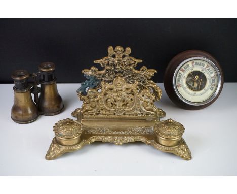 Victorian style Brass Desk Stand comprising a letter rack and two inkwells, 31cm wide together with Set of Brass Field Glasse