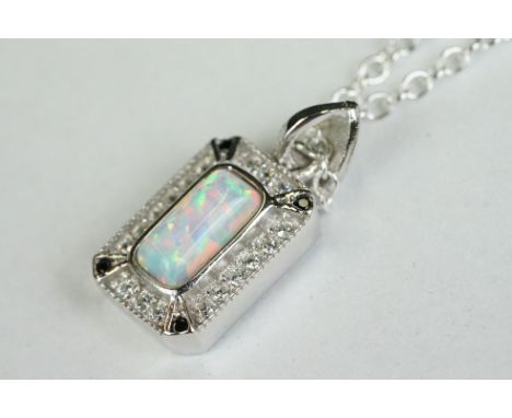 Silver, CZ and opal panelled pendant necklace on silver chain 