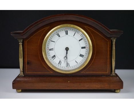 Edwardian Mahogany Inlaid Domed Top Mantle Clock, the case with brass columns and ball feet, the white dial with Roman numera
