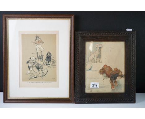 Early 20th century, a watercolour cartoon of terrier dogs, signed EG, together with a vintage Cecil Aldin humorous dog print 