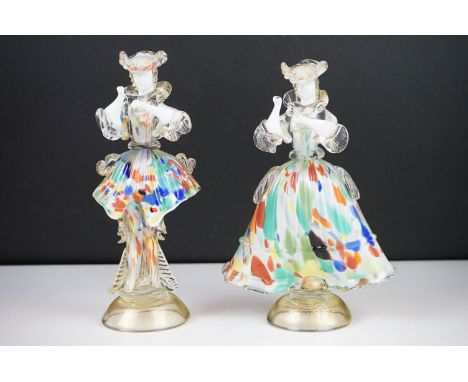 Pair of Italian Murano Glass Figures of a Man and a Woman, both wearing speckled coloured outfits, 22cm high 