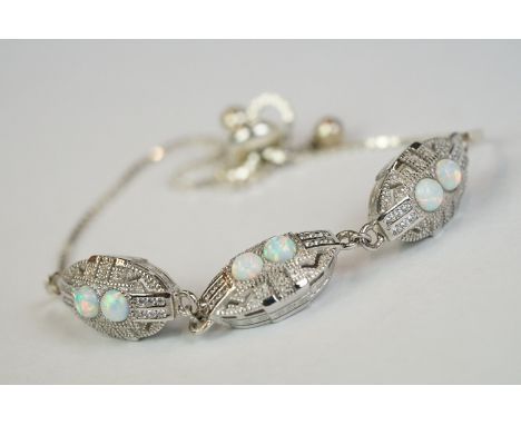 Silver, CZ &amp; opal bracelet in the Art Deco style 