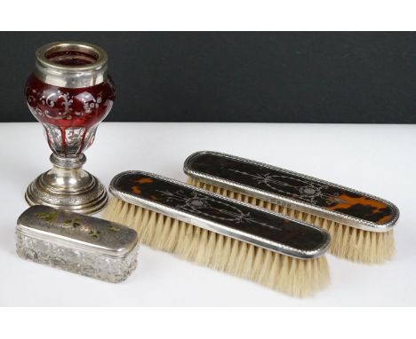 A pair of faux tortoiseshell and hallmarked sterling silver topped brushes together with a fully hallmarked sterling and gree