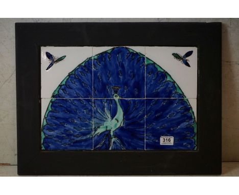 H &amp; R Johnson ( est. 1901 ) a set of six framed ceramic tiles depicting a peacock in full bloom 