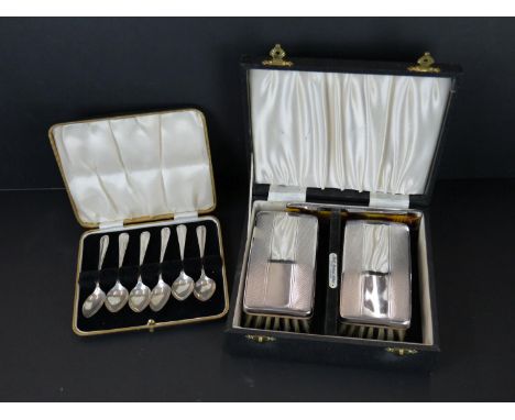 Cased silver topped brush &amp; comb set by Frank Cobb, together with a set of 1938 silver tea spoons