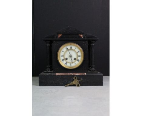 An antique French slate mantle clock together with a wooden cased Smiths example. 